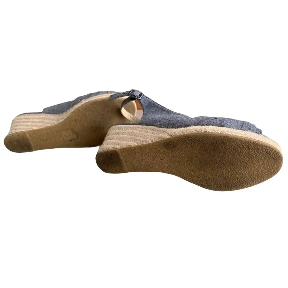 Lands End Denim Chambray Espadrille Wedge Sandals 9